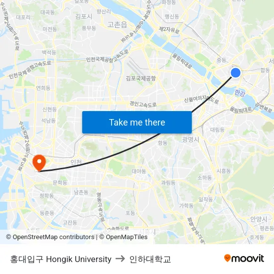 홍대입구 Hongik University to 인하대학교 map