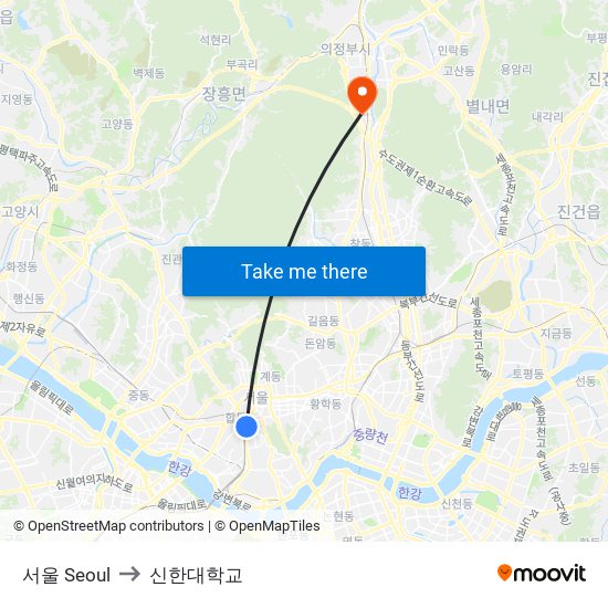 서울 Seoul to 신한대학교 map