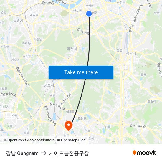 강남 Gangnam to 게이트볼전용구장 map