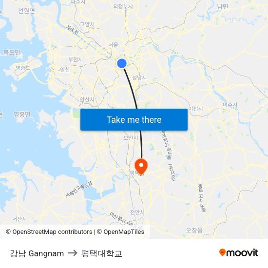 강남 Gangnam to 평택대학교 map
