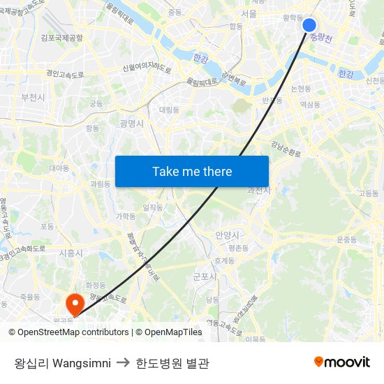 왕십리 Wangsimni to 한도병원 별관 map