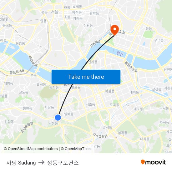 사당 Sadang to 성동구보건소 map