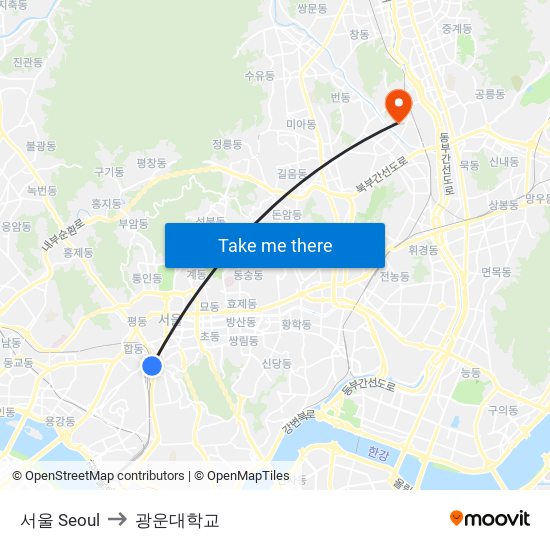 서울 Seoul to 광운대학교 map