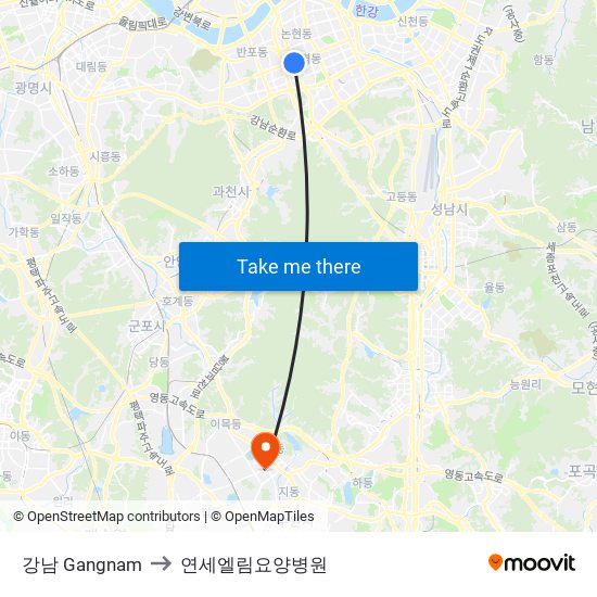 강남 Gangnam to 연세엘림요양병원 map