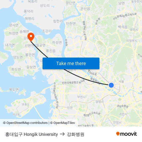 홍대입구 Hongik University to 강화병원 map