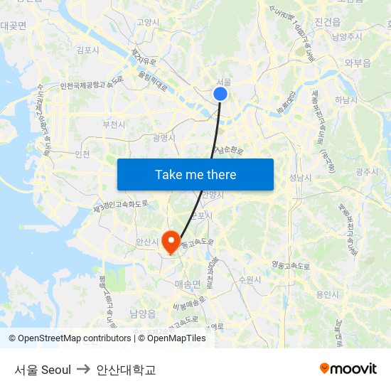 서울 Seoul to 안산대학교 map