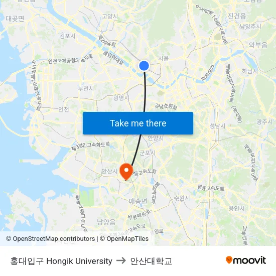 홍대입구 Hongik University to 안산대학교 map