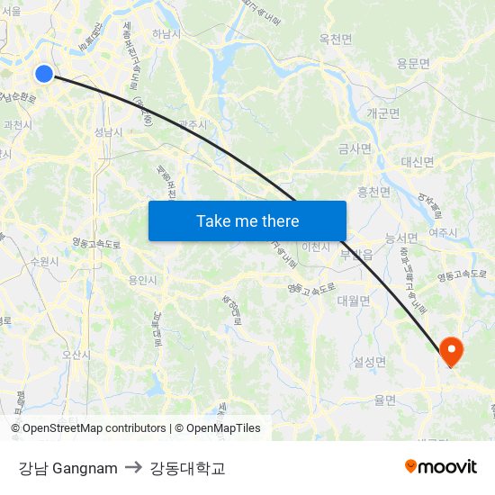 강남 Gangnam to 강동대학교 map