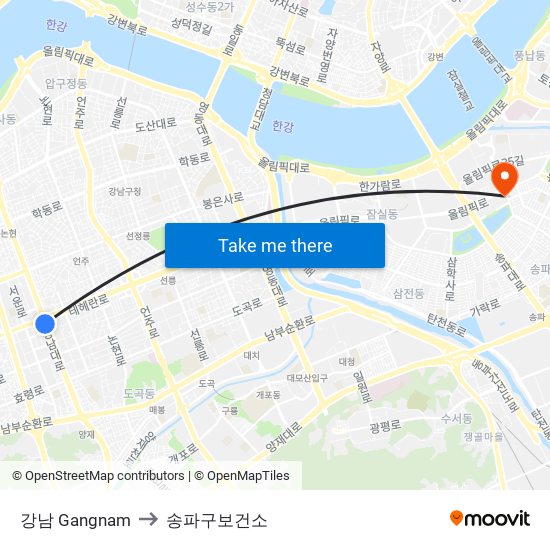 강남 Gangnam to 송파구보건소 map