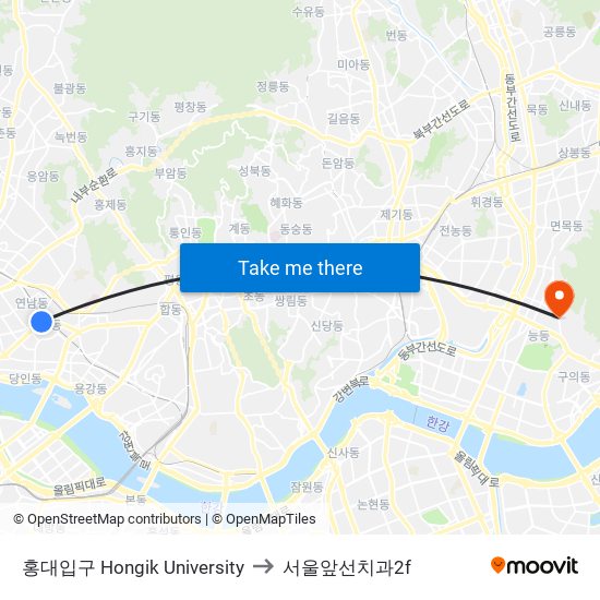 홍대입구 Hongik University to 서울앞선치과2f map