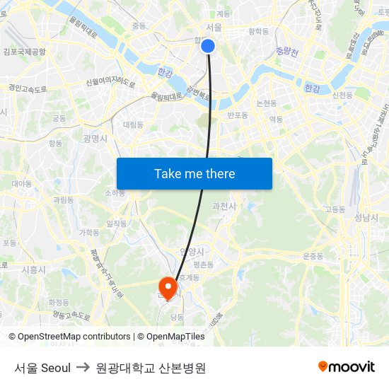 서울 Seoul to 원광대학교 산본병원 map