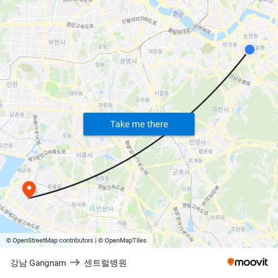 강남 Gangnam to 센트럴병원 map