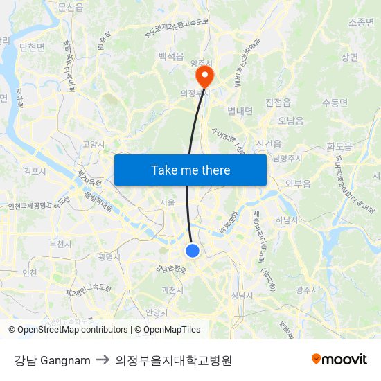 강남 Gangnam to 의정부을지대학교병원 map