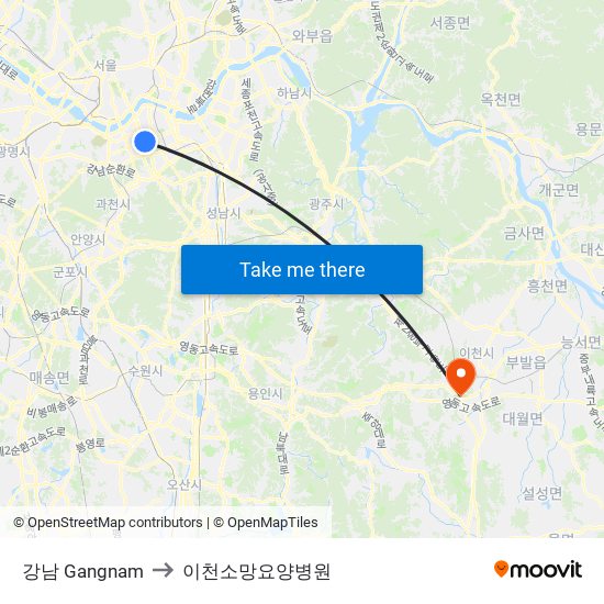 강남 Gangnam to 이천소망요양병원 map