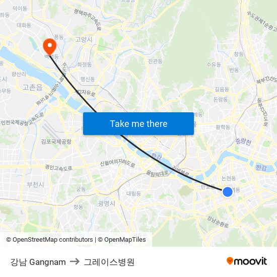 강남 Gangnam to 그레이스병원 map