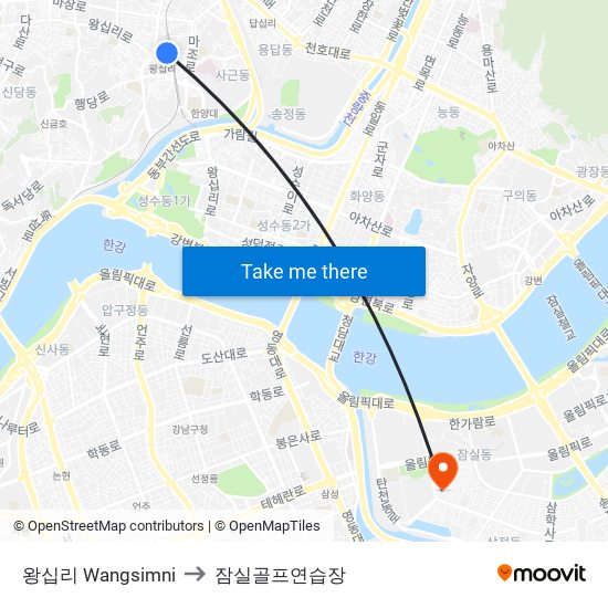 왕십리 Wangsimni to 잠실골프연습장 map