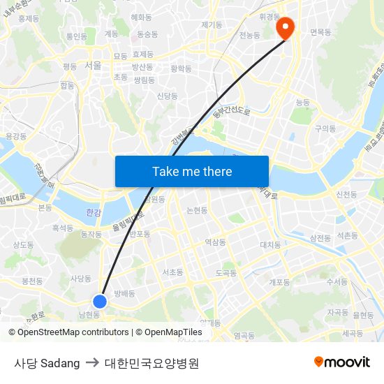 사당 Sadang to 대한민국요양병원 map