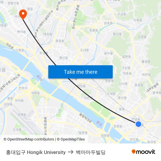 홍대입구 Hongik University to 백마마두빌딩 map