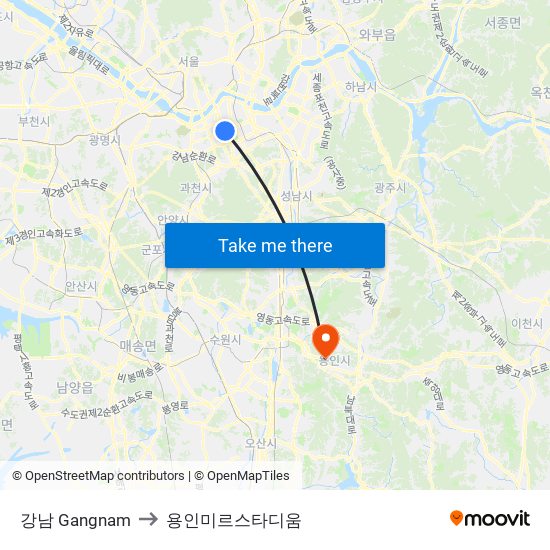 강남 Gangnam to 용인미르스타디움 map