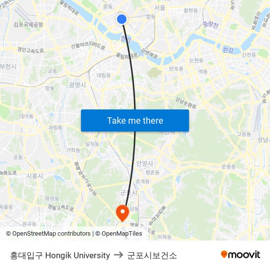 홍대입구 Hongik University to 군포시보건소 map