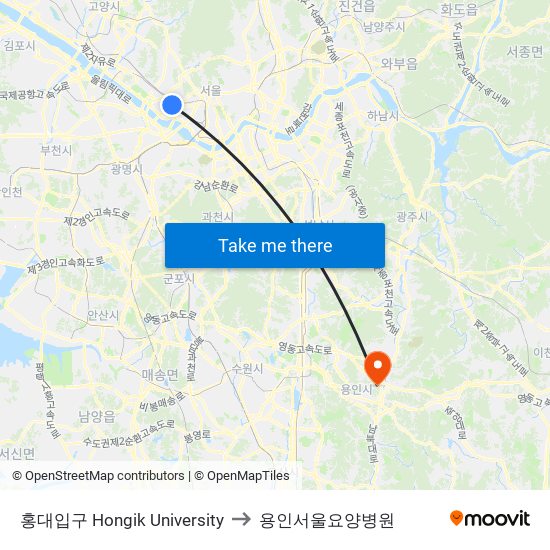 홍대입구 Hongik University to 용인서울요양병원 map