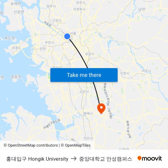 홍대입구 Hongik University to 중앙대학교 안성캠퍼스 map
