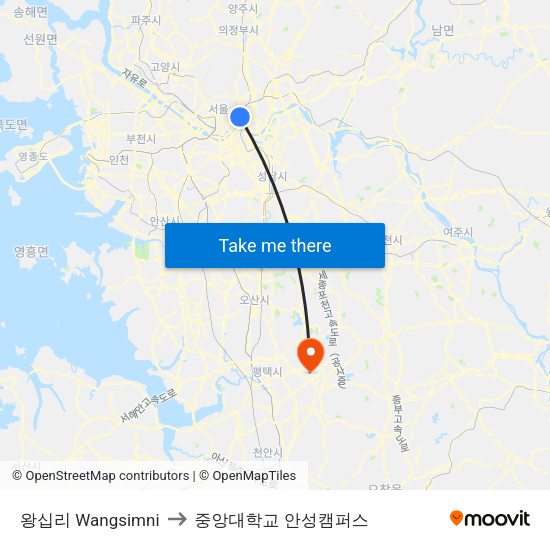 왕십리 Wangsimni to 중앙대학교 안성캠퍼스 map