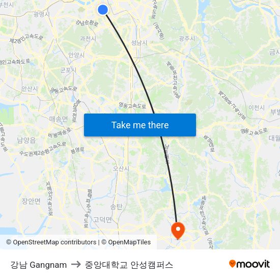 강남 Gangnam to 중앙대학교 안성캠퍼스 map