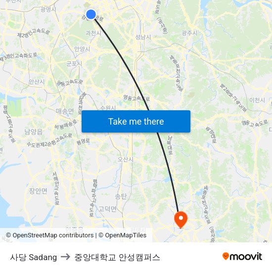 사당 Sadang to 중앙대학교 안성캠퍼스 map