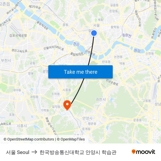 서울 Seoul to 한국방송통신대학교 안양시 학습관 map