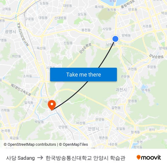 사당 Sadang to 한국방송통신대학교 안양시 학습관 map