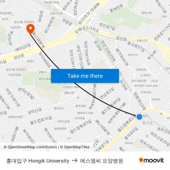 홍대입구 Hongik University to 에스엠씨 요양병원 map