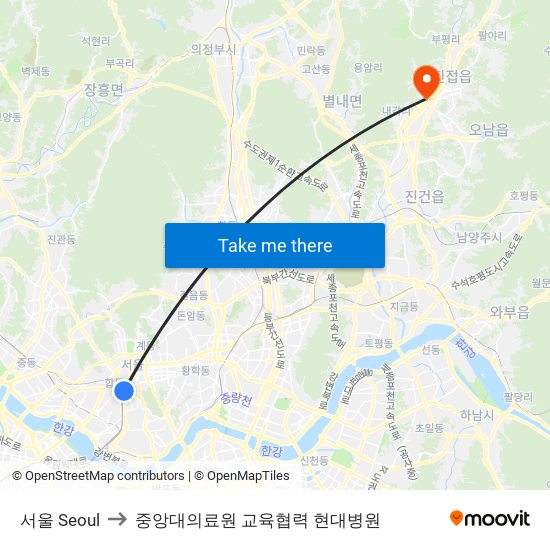 서울 Seoul to 중앙대의료원 교육협력 현대병원 map