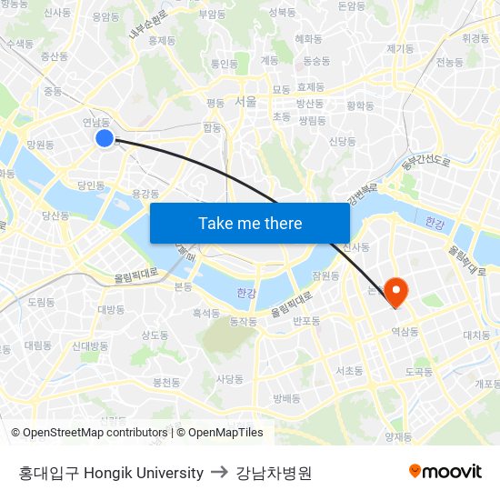 홍대입구 Hongik University to 강남차병원 map