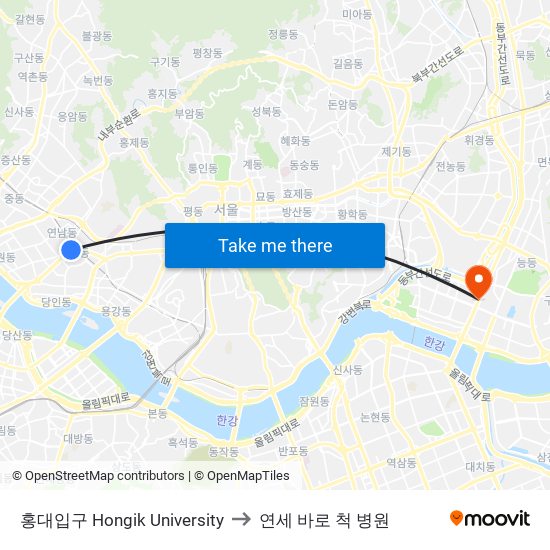 홍대입구 Hongik University to 연세 바로 척 병원 map