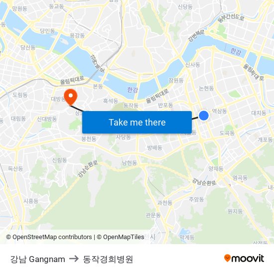 강남 Gangnam to 동작경희병원 map