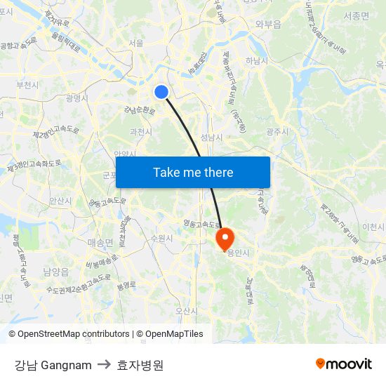 강남 Gangnam to 효자병원 map