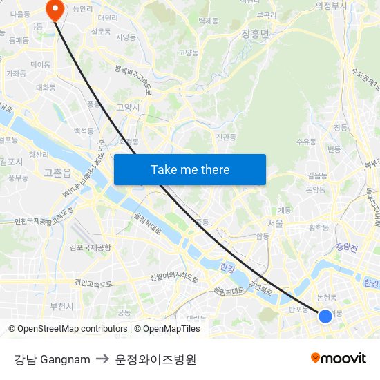 강남 Gangnam to 운정와이즈병원 map