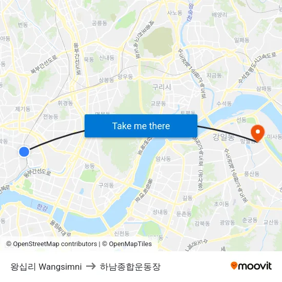 왕십리 Wangsimni to 하남종합운동장 map