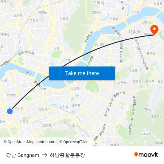 강남 Gangnam to 하남종합운동장 map