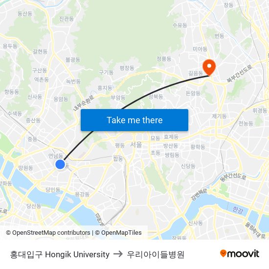 홍대입구 Hongik University to 우리아이들병원 map