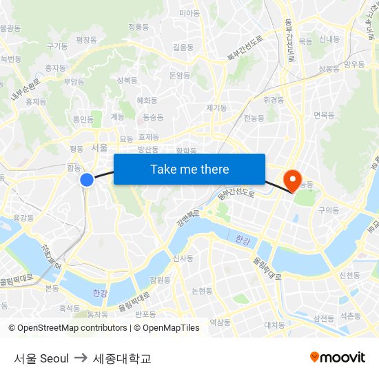 서울 Seoul to 세종대학교 map