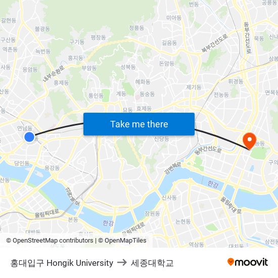홍대입구 Hongik University to 세종대학교 map