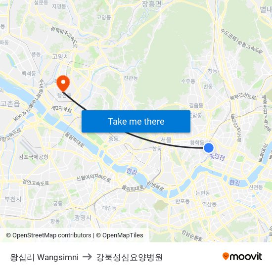 왕십리 Wangsimni to 강북성심요양병원 map