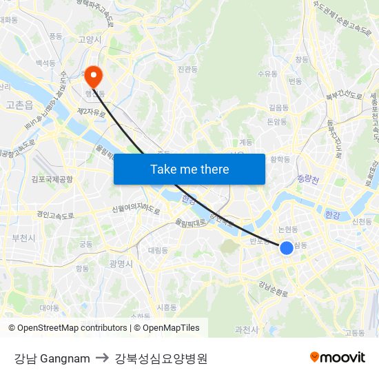 강남 Gangnam to 강북성심요양병원 map