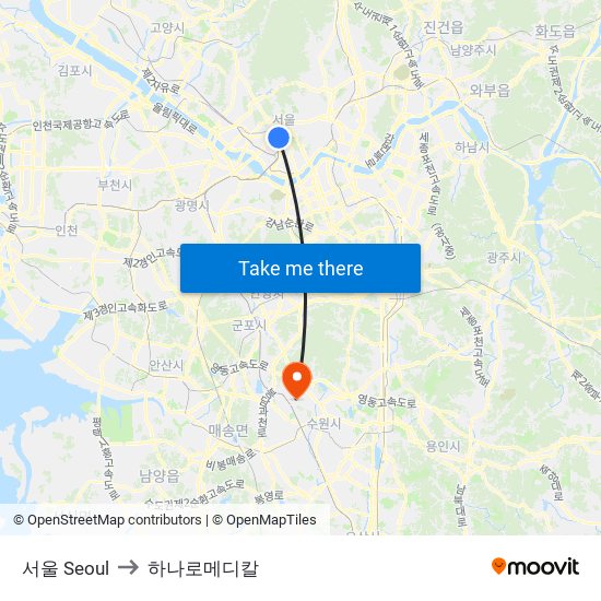 서울 Seoul to 하나로메디칼 map