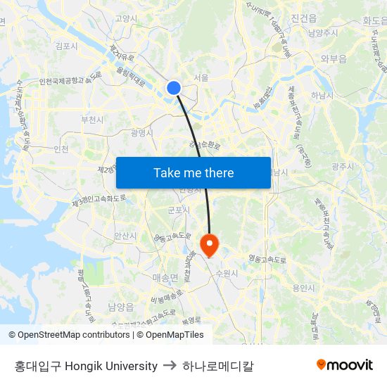 홍대입구 Hongik University to 하나로메디칼 map