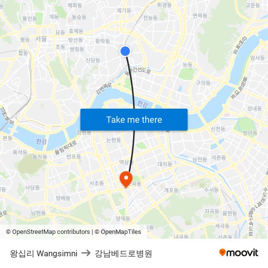 왕십리 Wangsimni to 강남베드로병원 map