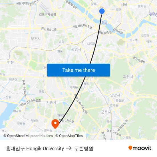 홍대입구 Hongik University to 두손병원 map