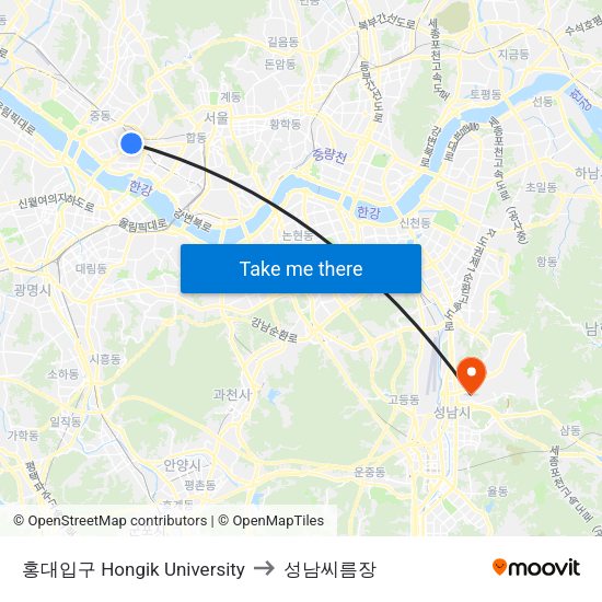 홍대입구 Hongik University to 성남씨름장 map